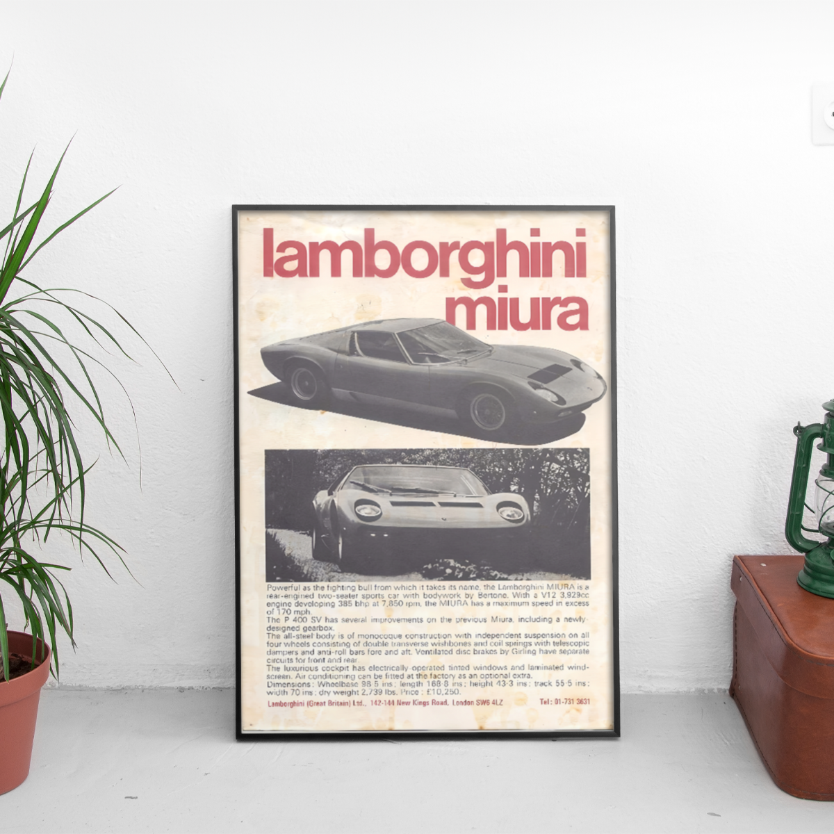 Lamborghini Miura P400 SV UK Brochure - framed wall mockup