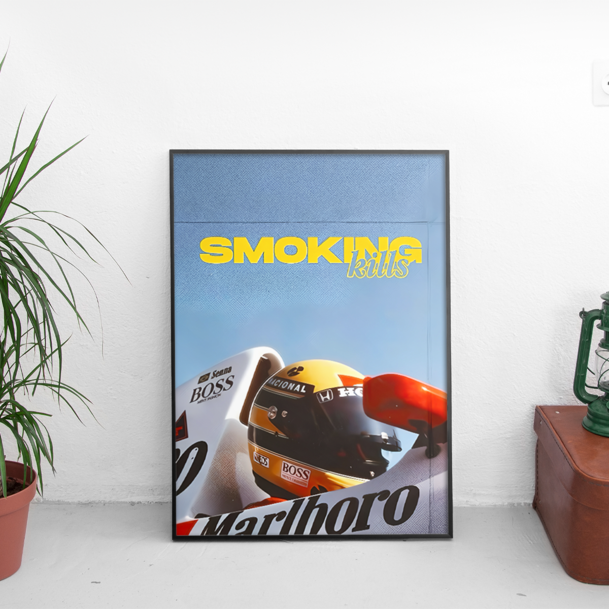Framed poster of a racing helmet with 'Marlboro' .