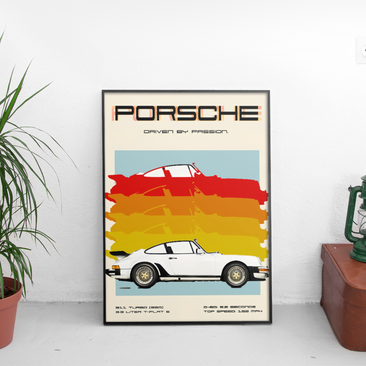 Framed Porsche poster with colorful design.