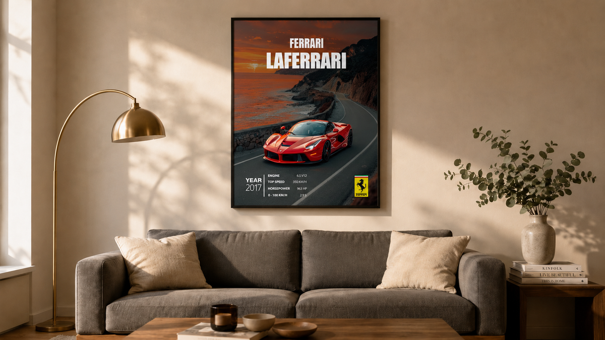 Ferrari LaFerrari framed poster centred above a grey linen sofa in a warm Scandinavian living room — The Car Posters