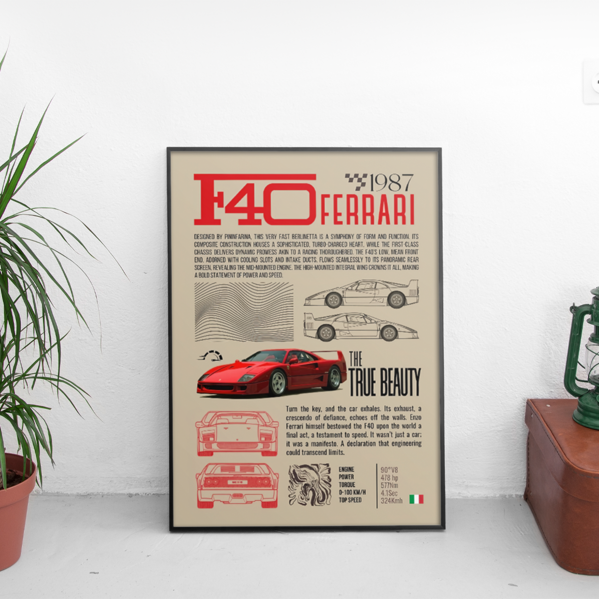 Ferrari F40 '87 - The True Beauty - framed wall mockup