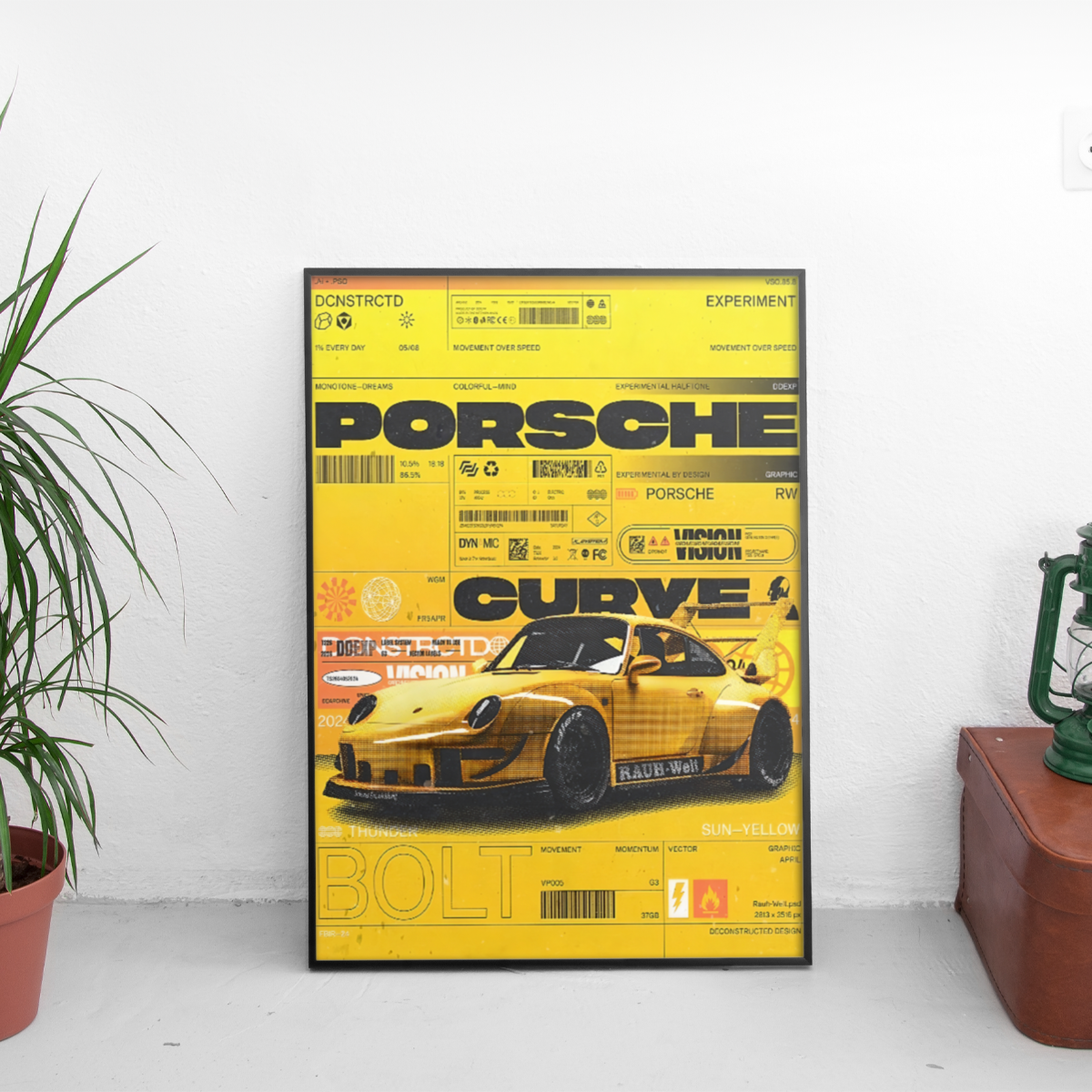 Porsche RWB Vision Curve Yellow - framed wall mockup